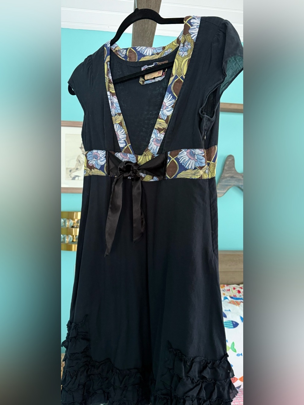 Lightweight Free People Dress with Floral Trim and Satin Tie